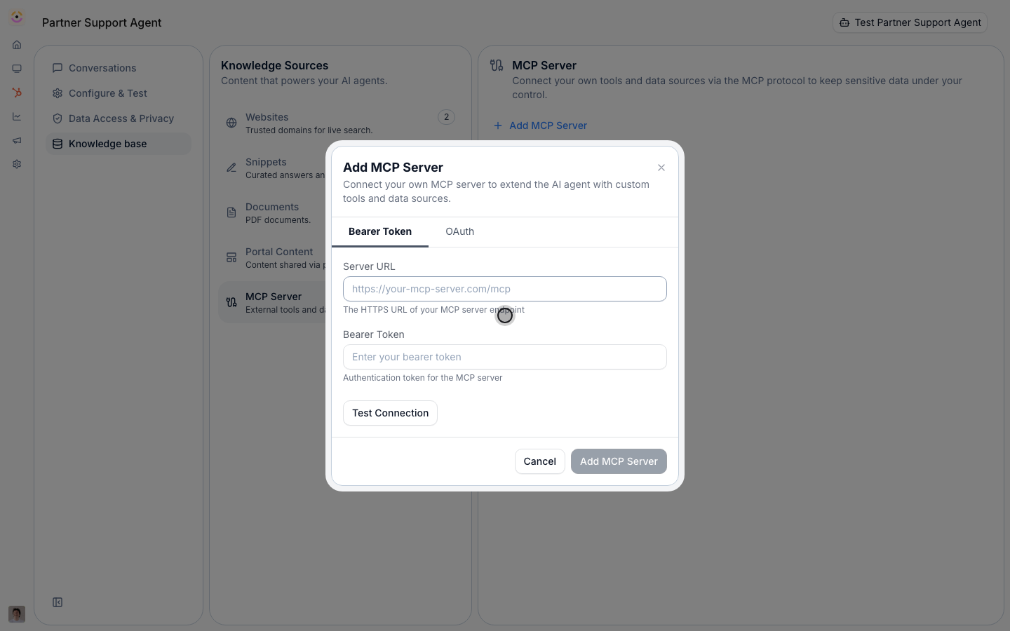 Add your HTTPS Server URL and Bearer Token, run Test Connection, then Add the server.