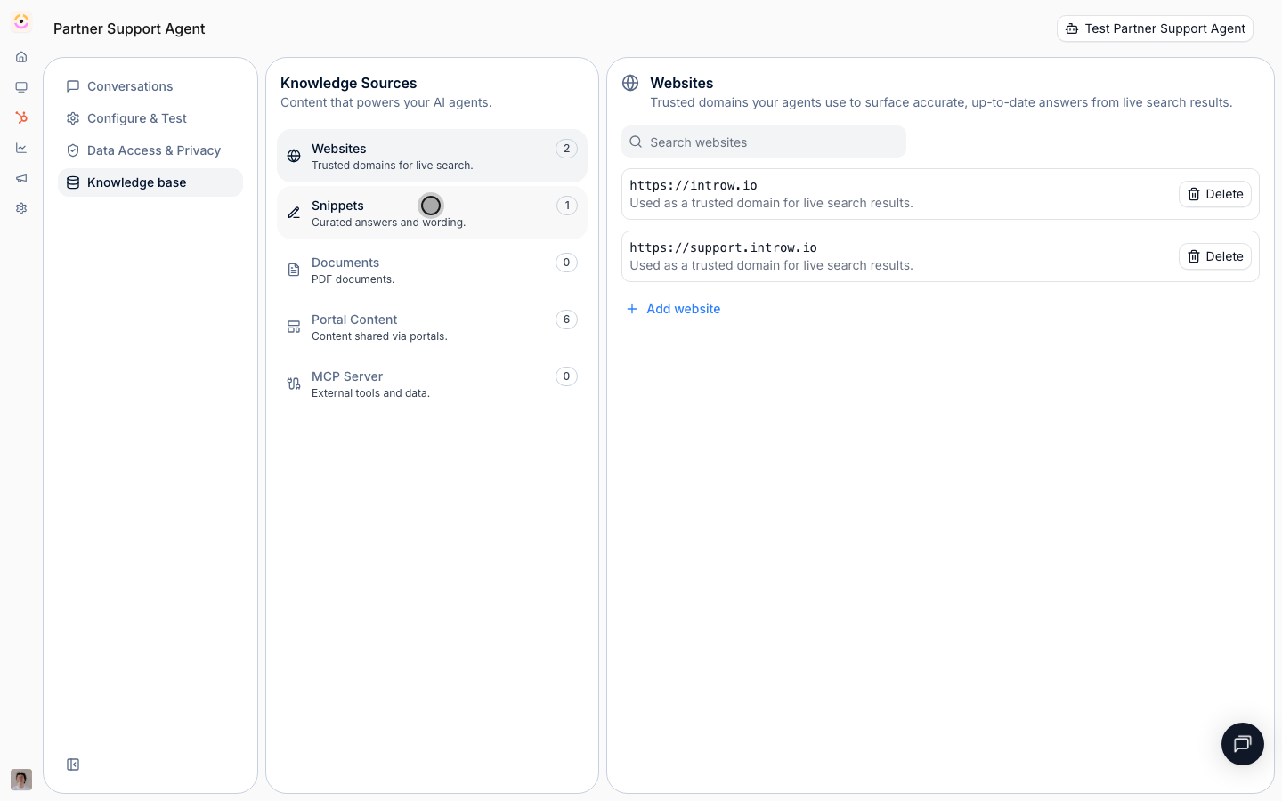 Snippets are short question-and-answer pairs the agent answers with word-for-word.