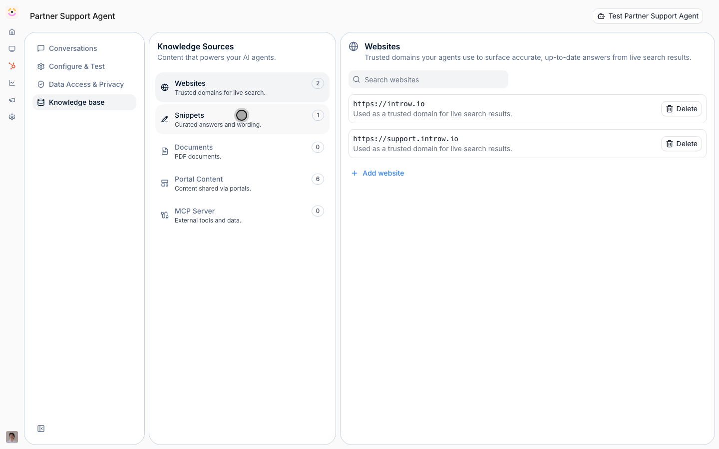 Snippets are short question-and-answer pairs the agent answers with word-for-word.