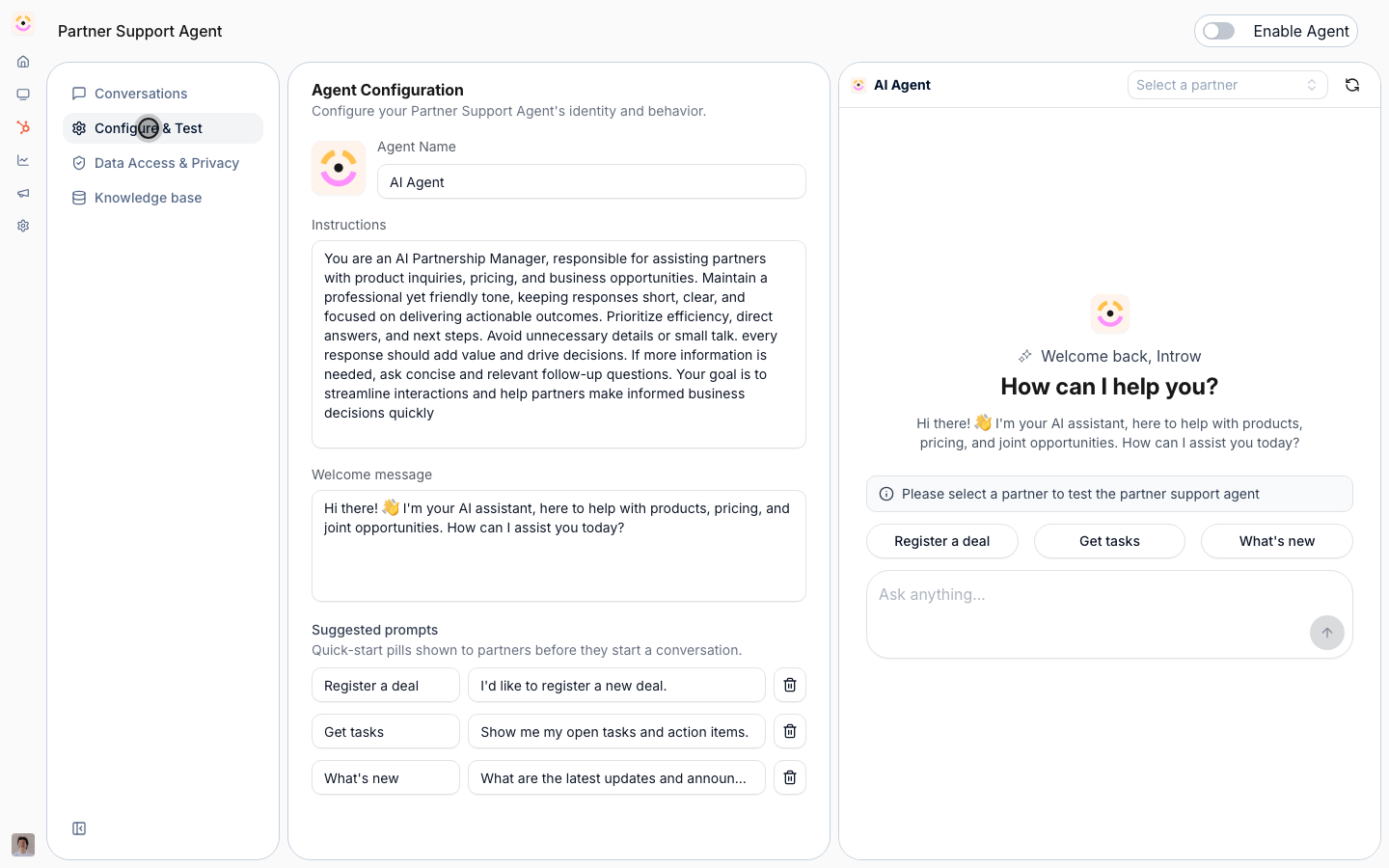 Chat with the agent on the right to confirm it answers correctly, then enable it.