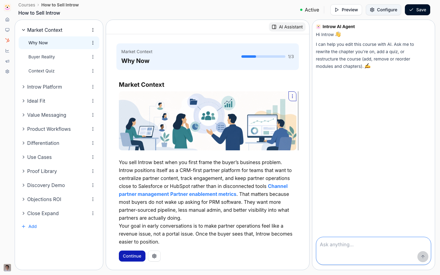 The course editor with its AI assistant panel open, offering to rewrite the current chapter, add a quiz, or restructure the course.