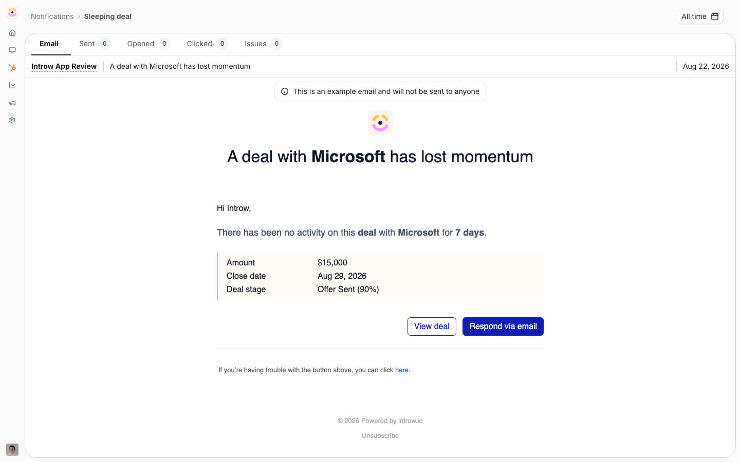 The sleeping-deal notification exactly as a partner receives it, naming the account, the days without activity, the amount, close date and stage, with buttons to view the deal or reply by email.