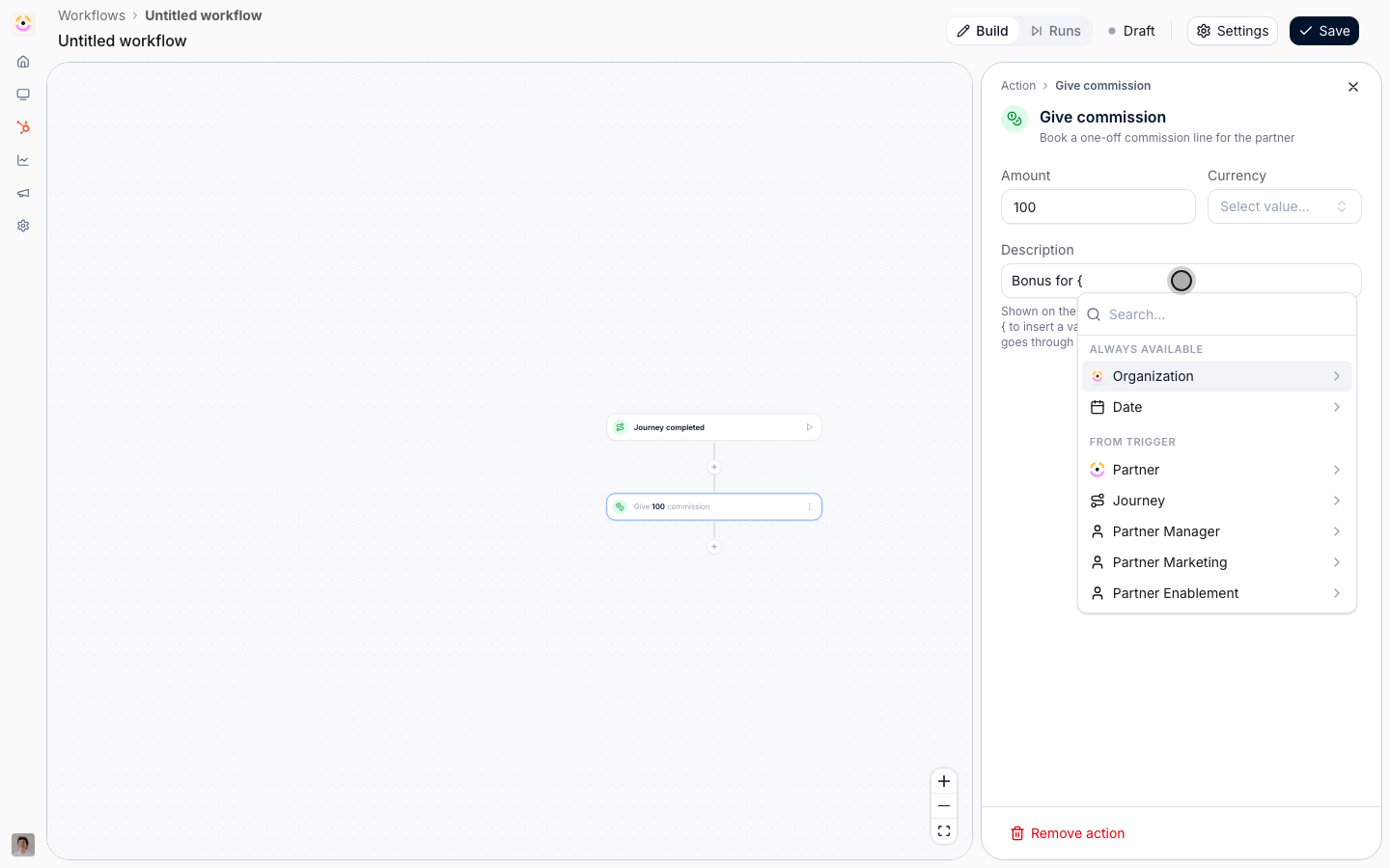 The variable list open under a commission description, with Always available and From trigger sections.