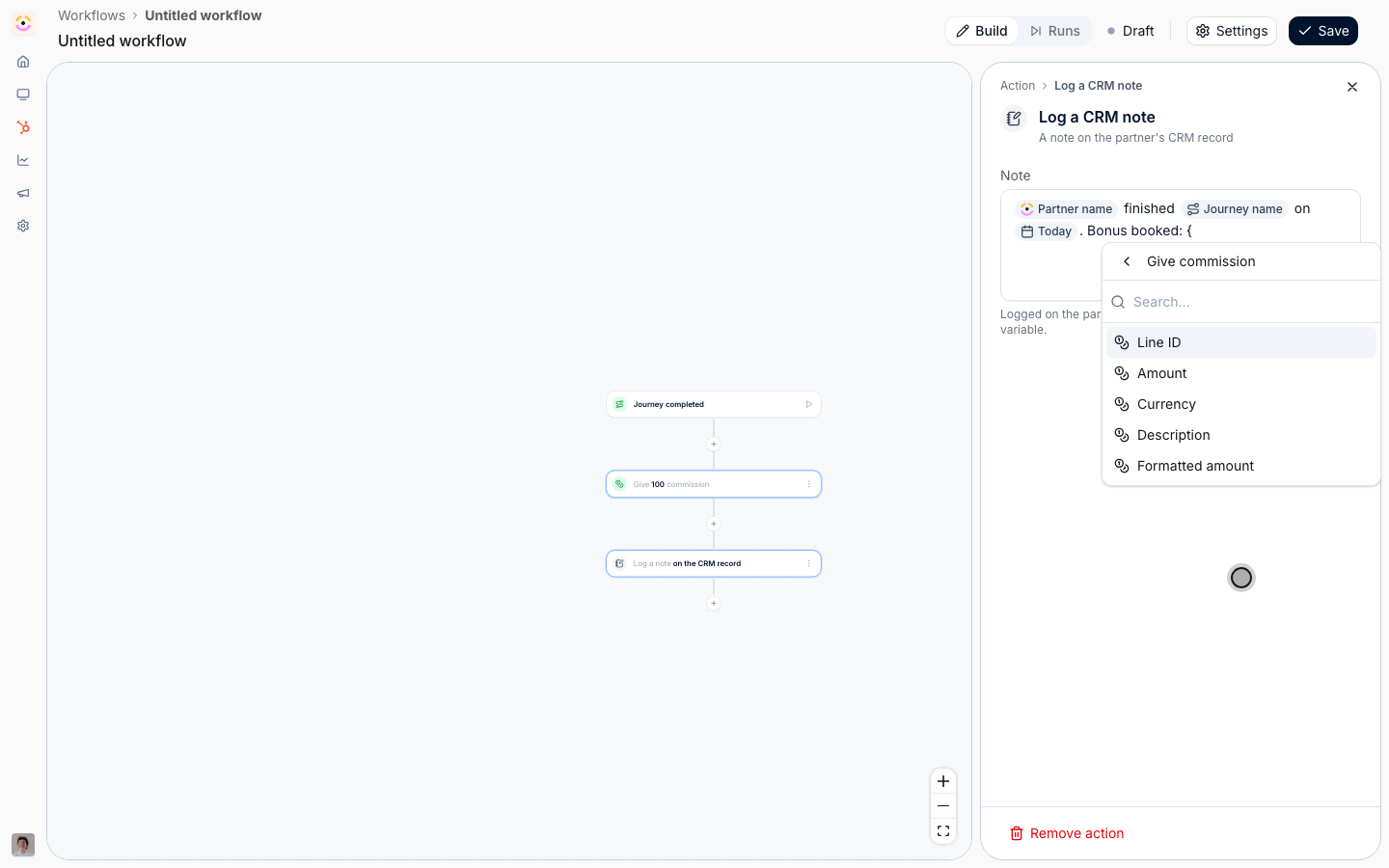 The Give commission group open, listing Line ID, Amount, Currency, Description and Formatted amount.