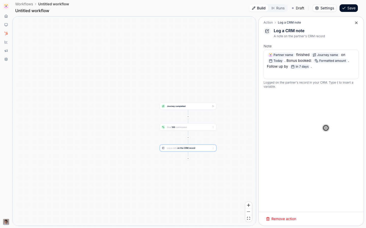 The finished CRM note: partner, journey, today's date, the formatted amount and a follow-up date in 7 days.