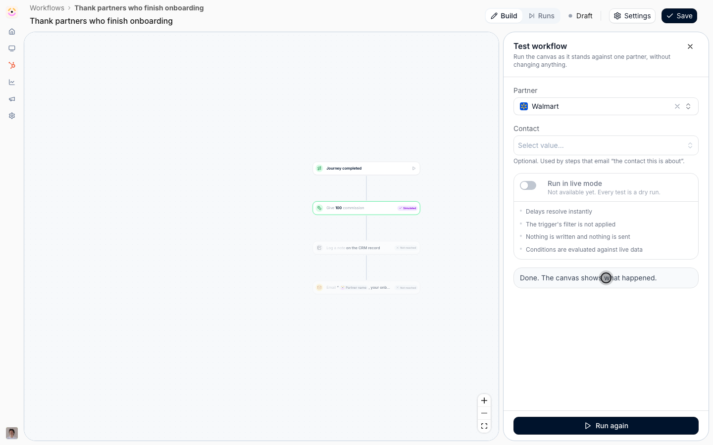 A test run against Walmart with every step badged Simulated.