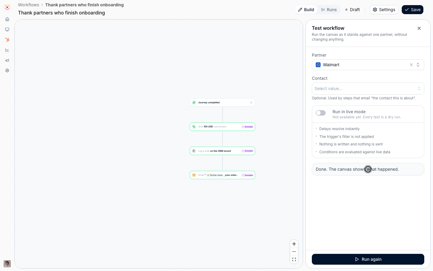 A test run against Walmart with every step badged Simulated.