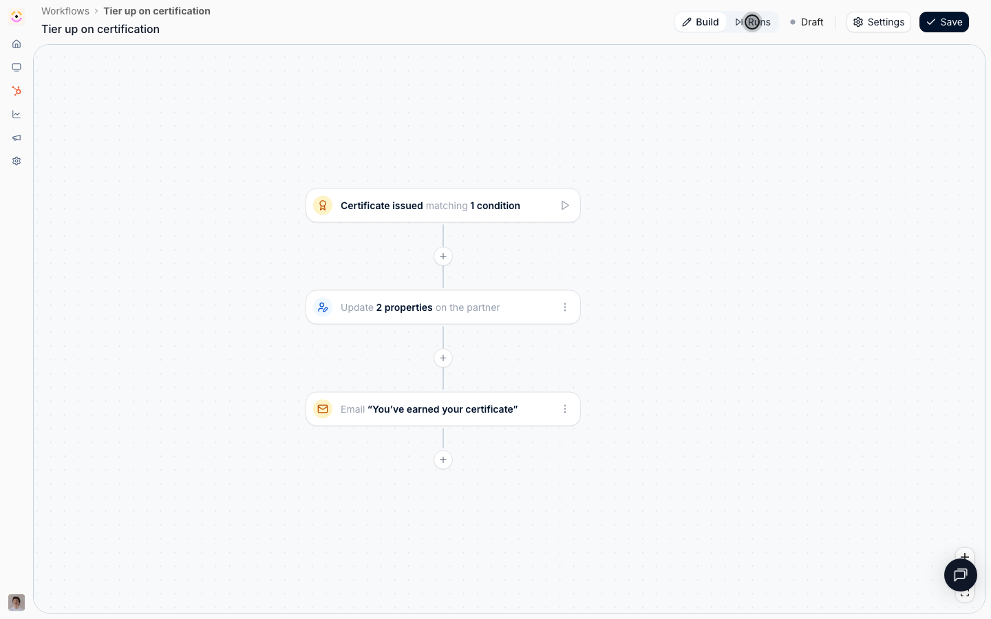 The canvas stays put and the run list opens beside it. Reading a workflow's history on the workflow itself is the point.