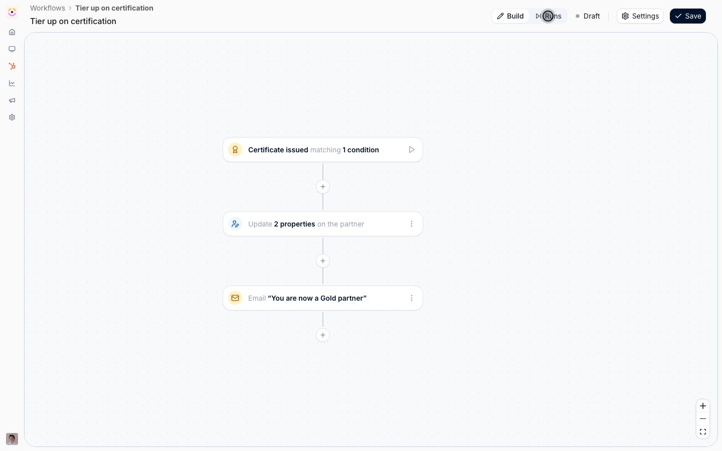 The canvas stays put and the run list opens beside it. Reading a workflow's history on the workflow itself is the point.