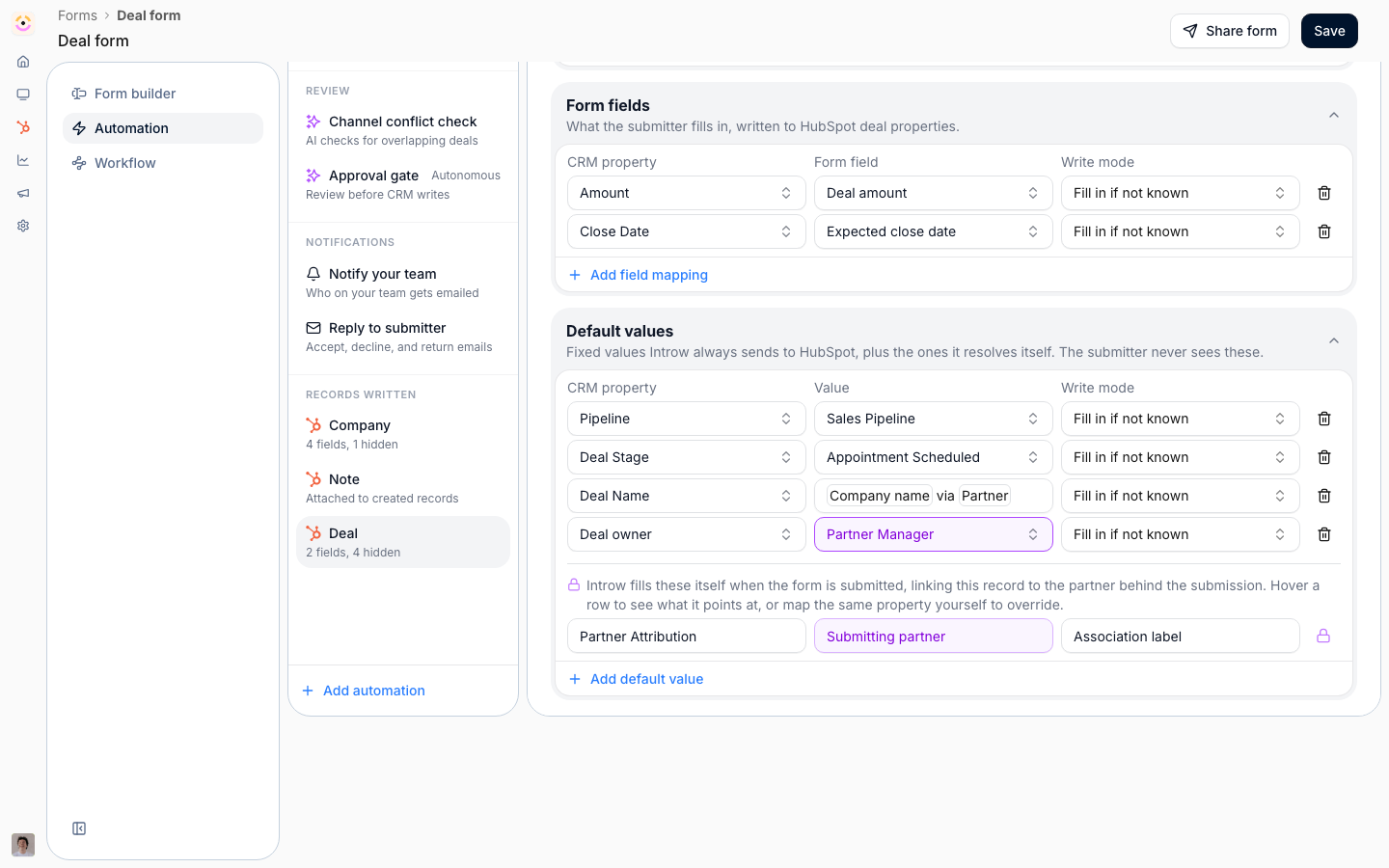 The Deal automation on a registration form, scrolled to its default values: the pipeline, stage, deal name and owner every registered deal is created with, under the fields mapped from the form.