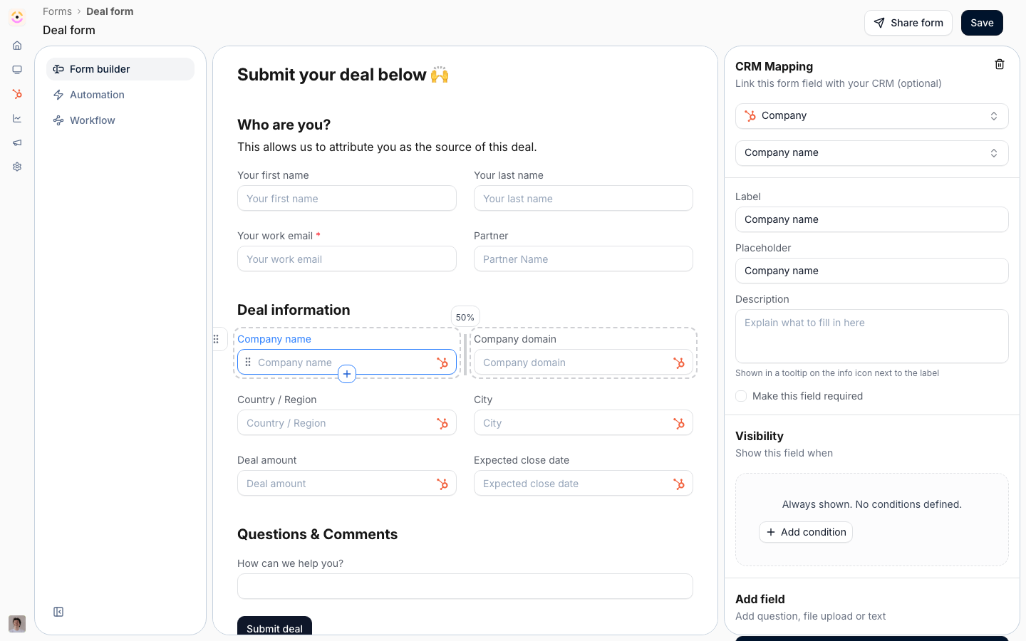 A deal registration form in the builder with the Company name field selected: the fields a partner fills in on the left, and the field's mapping to a CRM company property on the right.