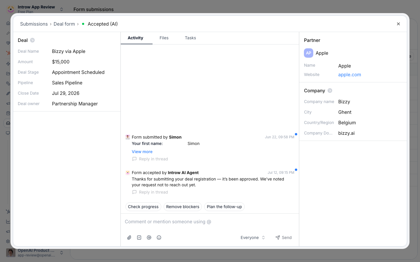 A registered deal as it arrives: the submitted fields on the activity thread, the deal it created, and the partner that registered it.