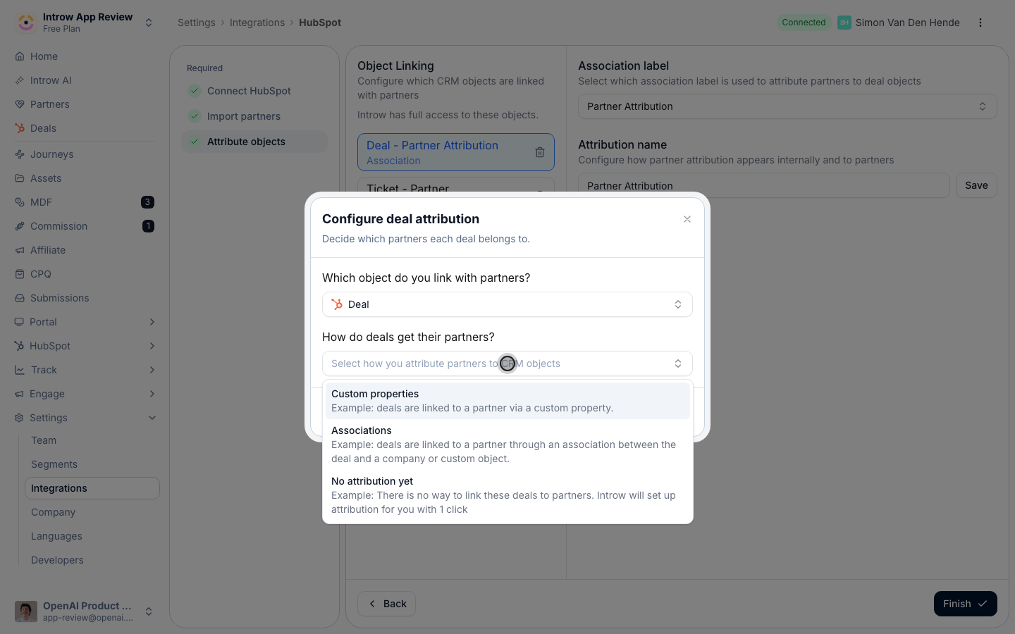 Match how your CRM already links deals to partners: a Custom property, an Association, or let Introw create one (No attribution yet).