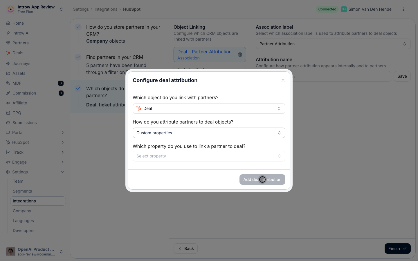 Name the link ('Sourced by', 'Influenced by') so it reads clearly in reporting and commissions. Then save, and Introw resolves every matching deal to its partner on the next sync.