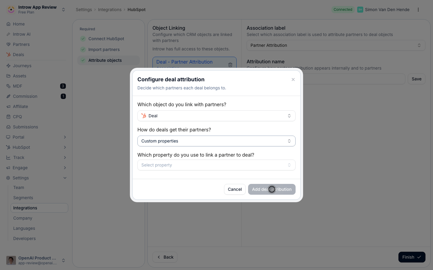 Name the link ('Sourced by', 'Influenced by') so it reads clearly in reporting and commissions. Then save, and Introw resolves every matching deal to its partner on the next sync.