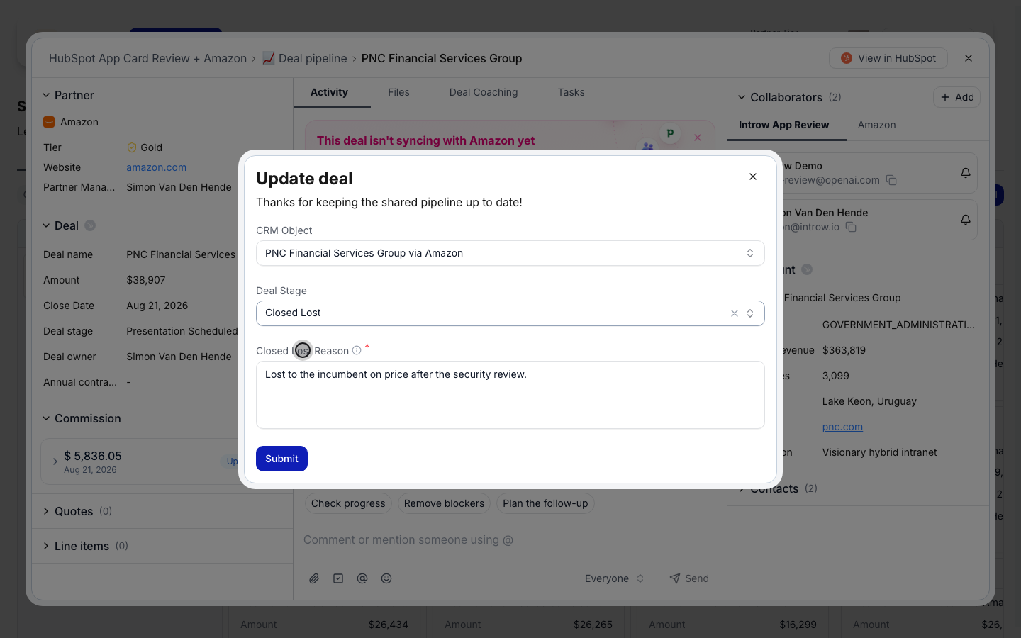 The same form after picking Closed Lost: Next step has gone and a required Closed Lost Reason has appeared in its place