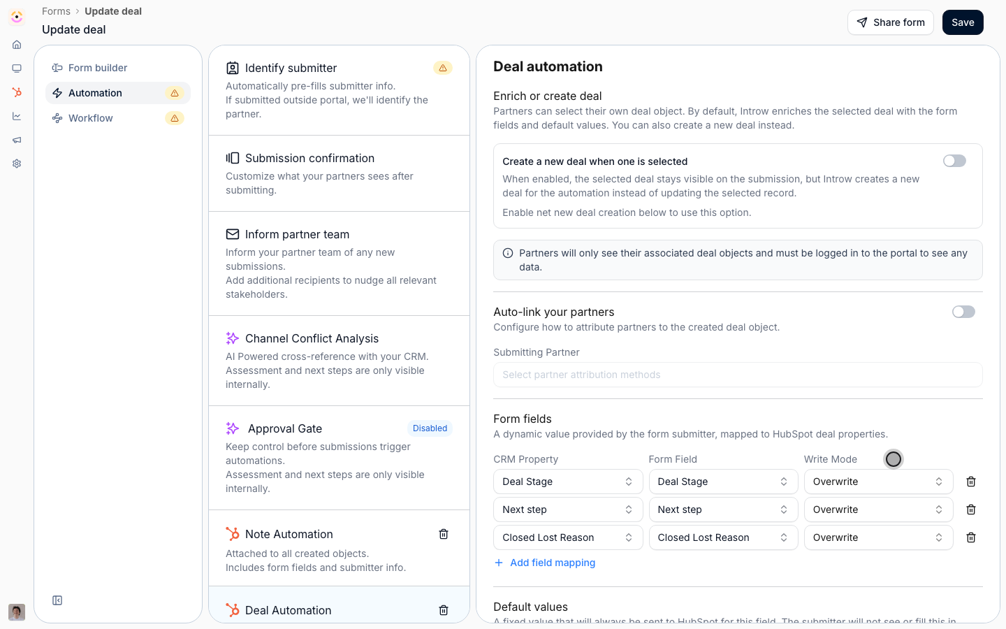 The form's Automation tab with Deal Stage, Next step and Closed Lost Reason all set to Overwrite, and the Approval Gate showing Disabled