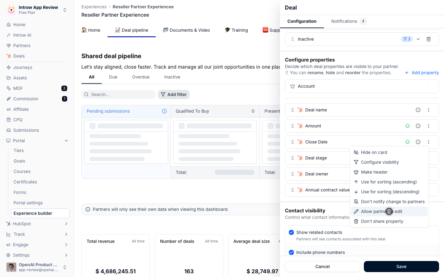 A property menu on the Deal pipeline configuration, with Allow partner to edit.