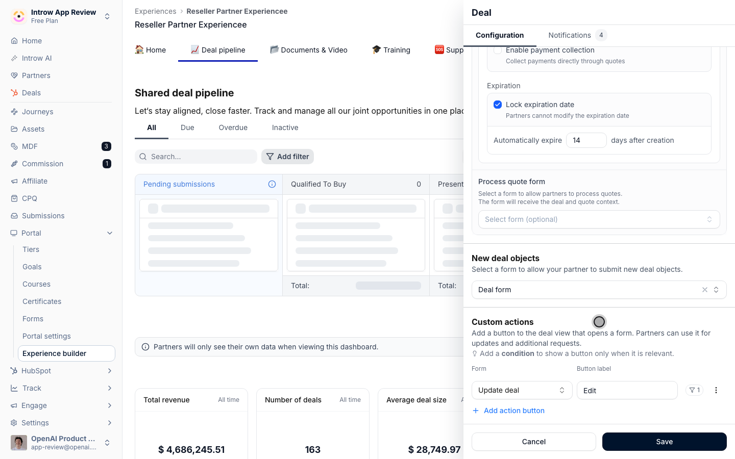 Custom actions on the Deal pipeline configuration: the Update deal form behind an Edit button, with one visibility condition.