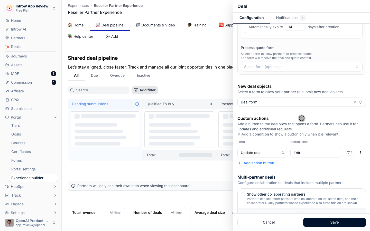 Custom actions on the Deal pipeline configuration: the Update deal form behind an Edit button, with one visibility condition.