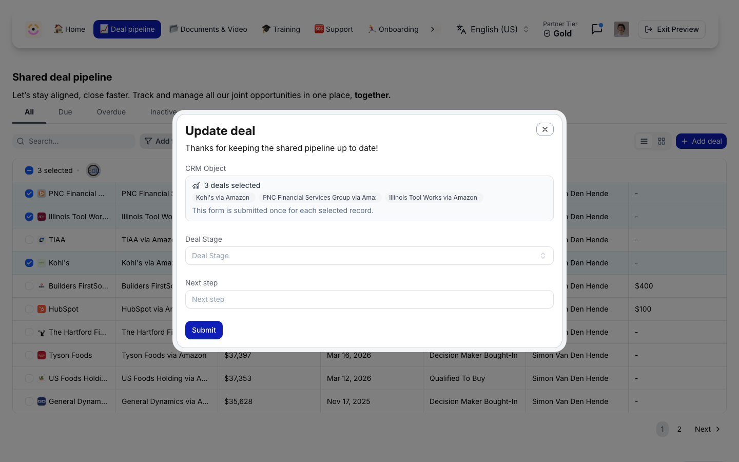 Three deals selected, and the header reading 3 selected with the Edit action beside it.