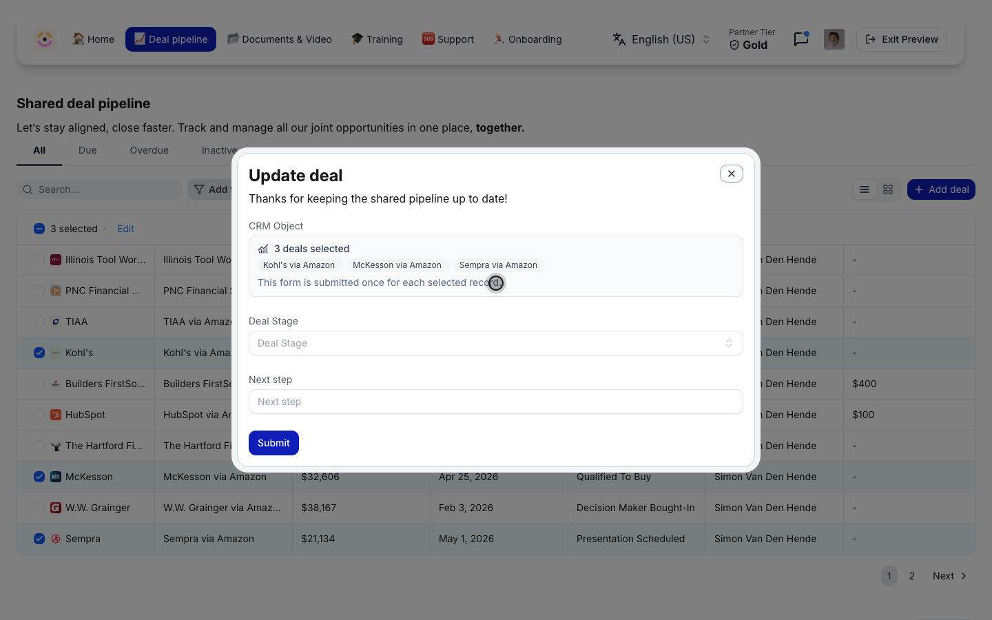 The Update deal form opened for three selected deals, listing each one and noting that the form is submitted once for each selected record.