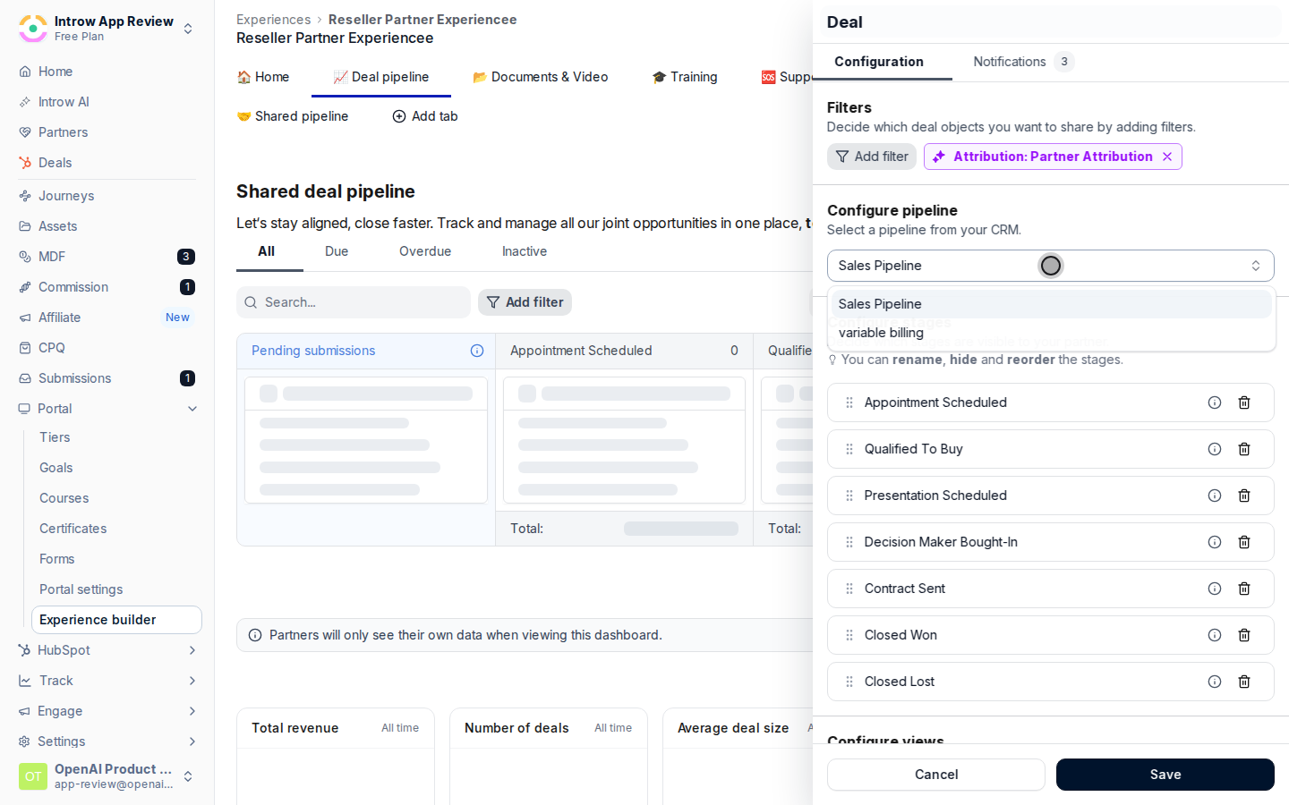 Insert a deals list and pick the pipeline