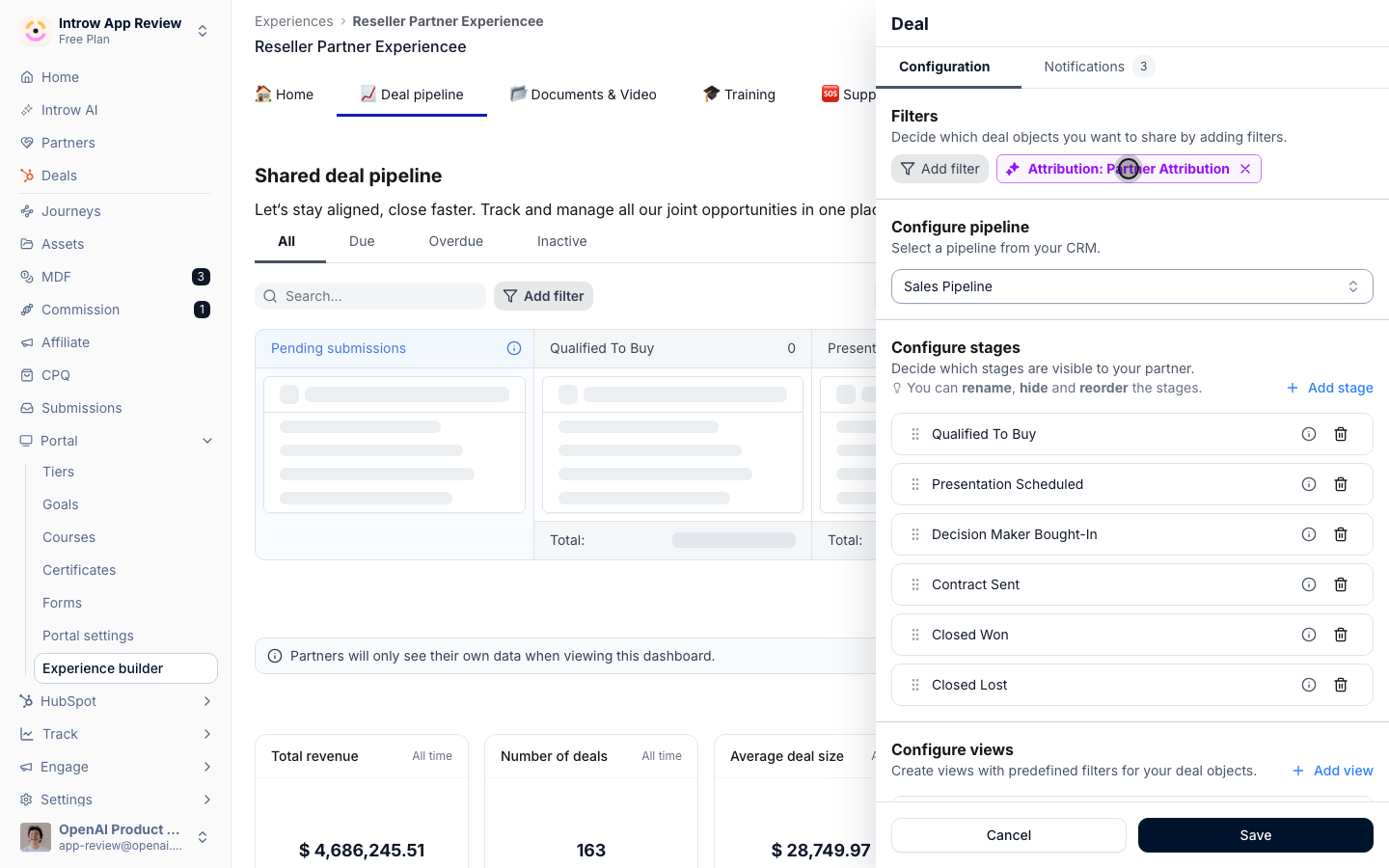 A partner-attribution filter is pre-applied, so partners never see another partner's deals; add more conditions to narrow further.
