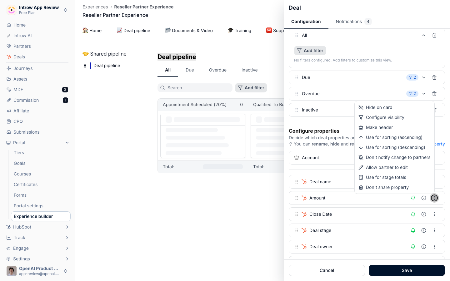 Each property's menu holds Configure visibility and Allow partner to edit.