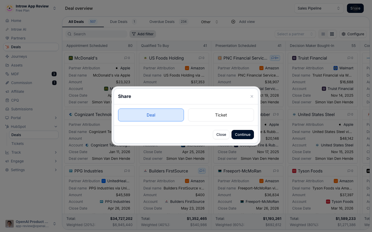Share sits on every record overview, so the same flow works for deals, contacts, companies and tickets.