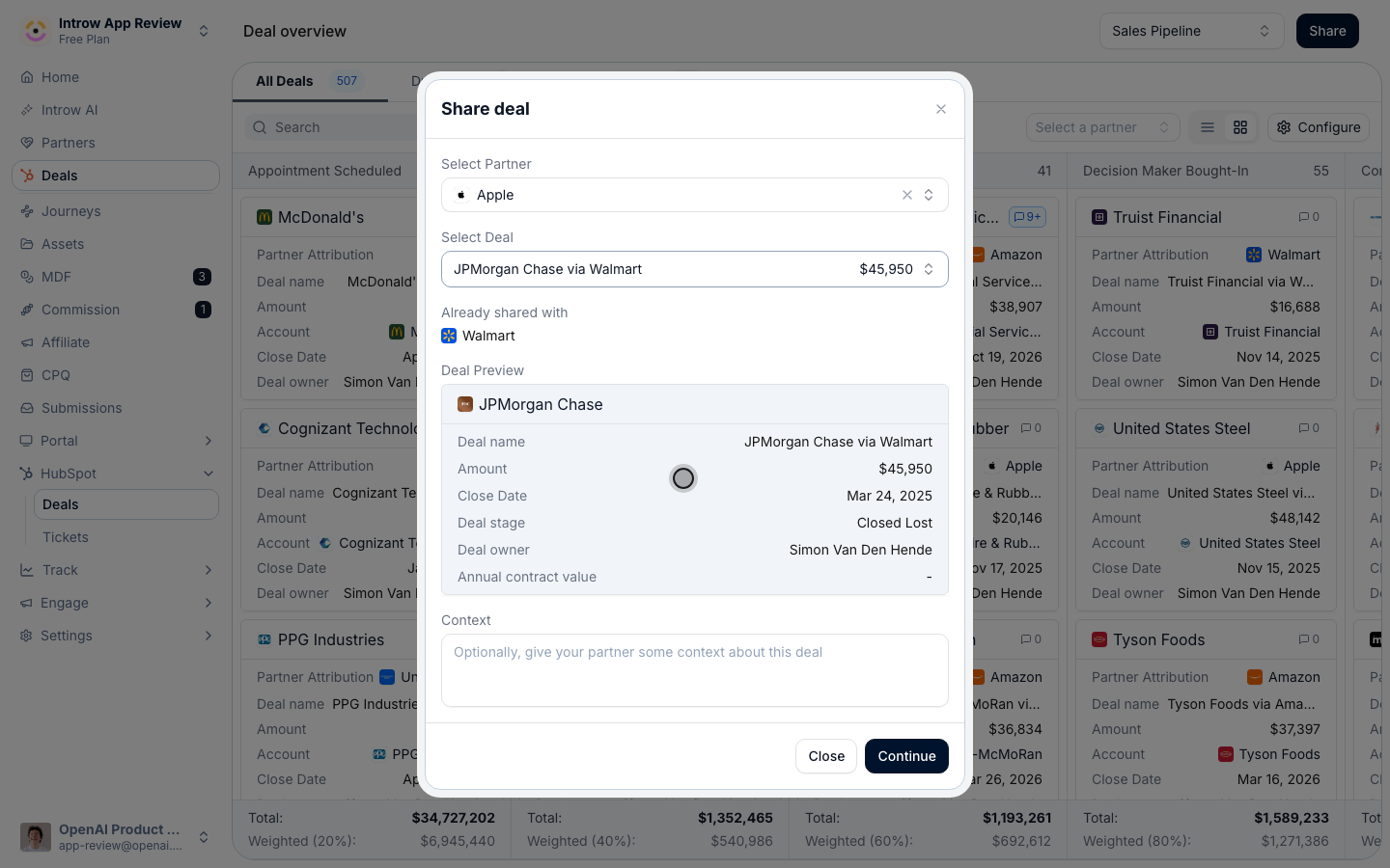 The picker only offers records the partner's section can show.