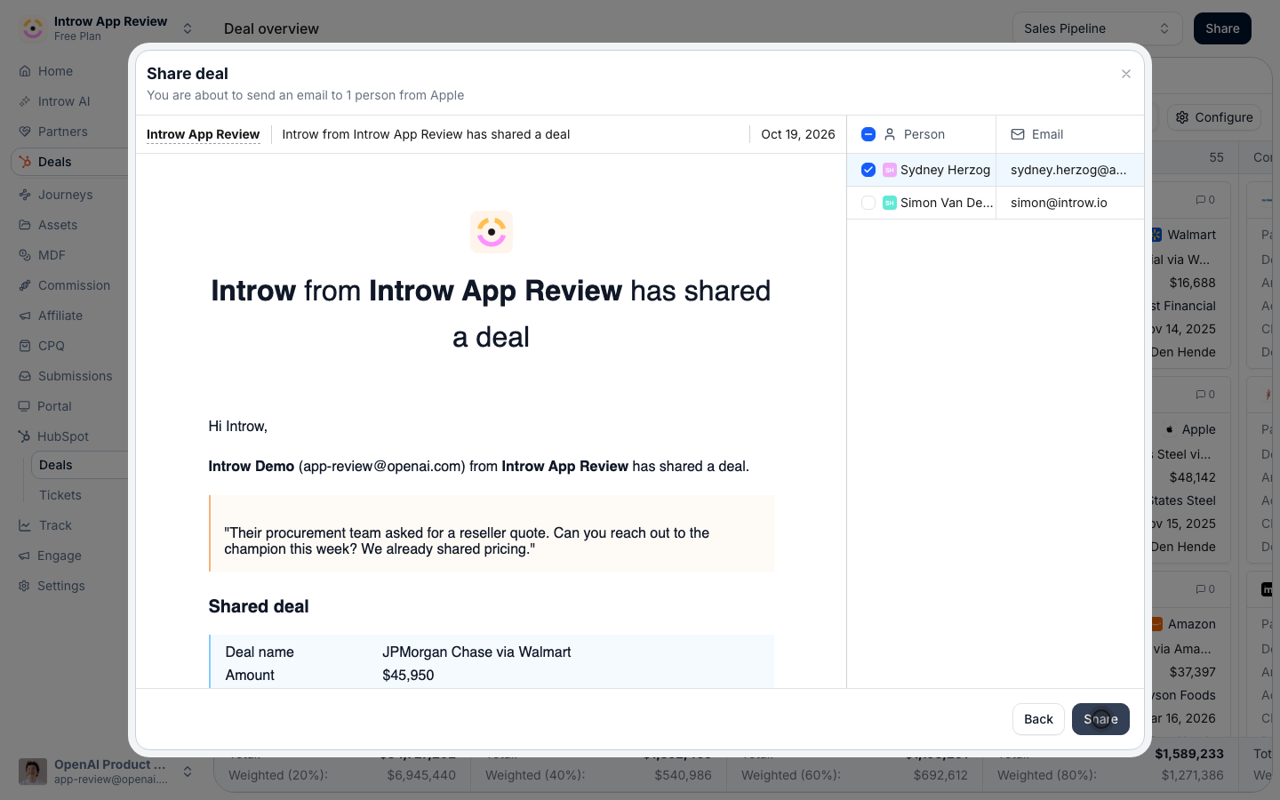 Share writes the partner onto the CRM record, posts it on the Activity and emails the ticked contacts.