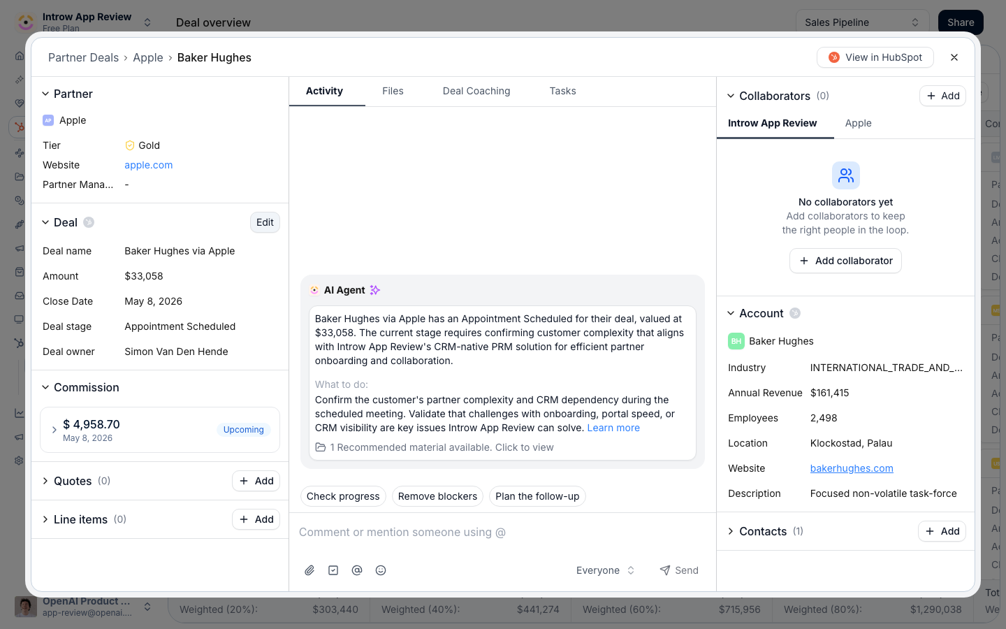 A deal opened from the shared board, with its CRM properties, the partner attributed to it and the conversation both companies work in.