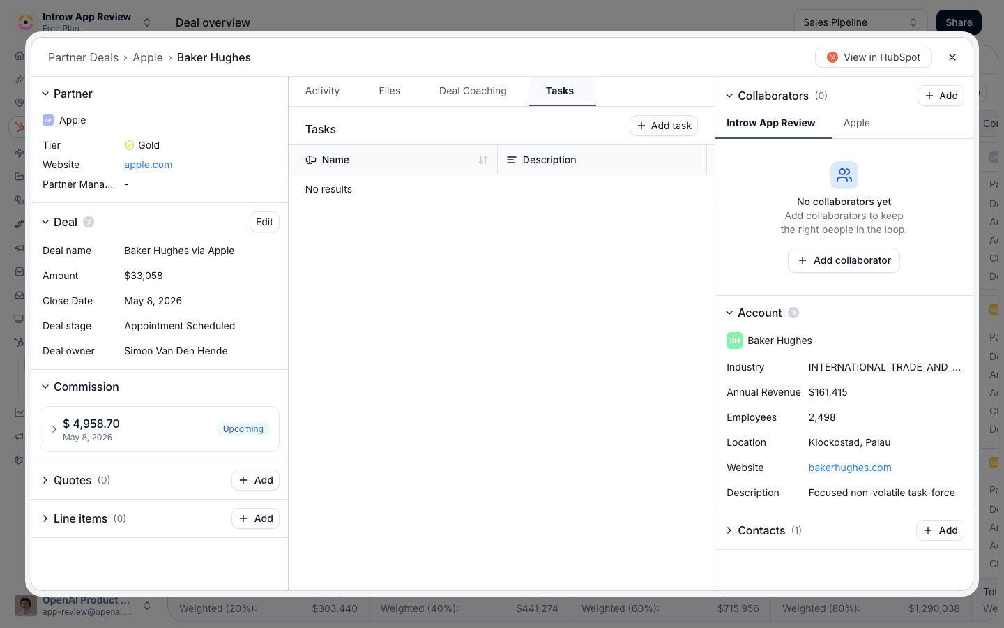 The Tasks tab on a shared deal, with Add task as the control that puts a task on the record, alongside the activity thread and files both companies work in.