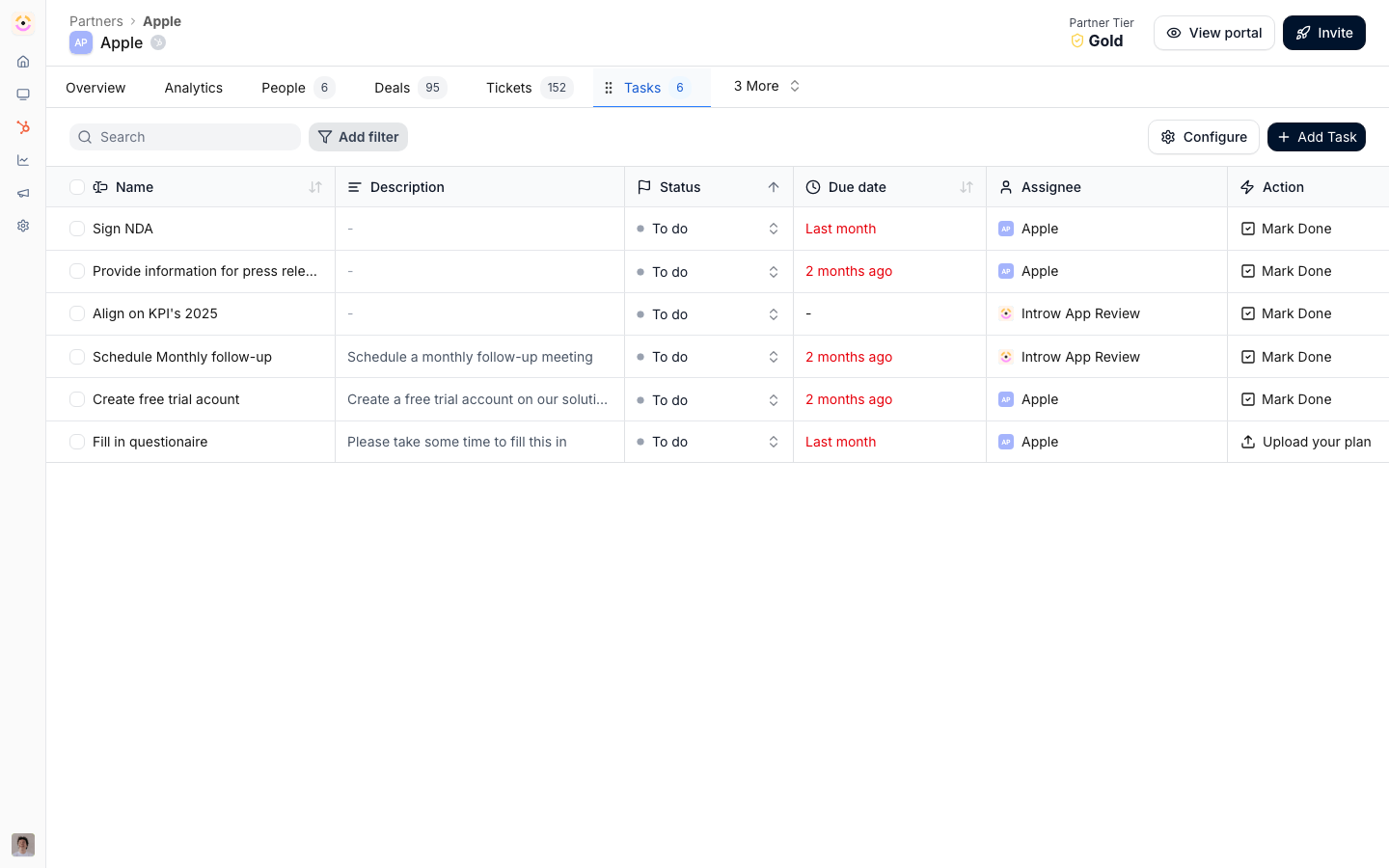The Tasks tab of a partner record, with each task's status, due date, assignee, and the action the partner takes to close it.