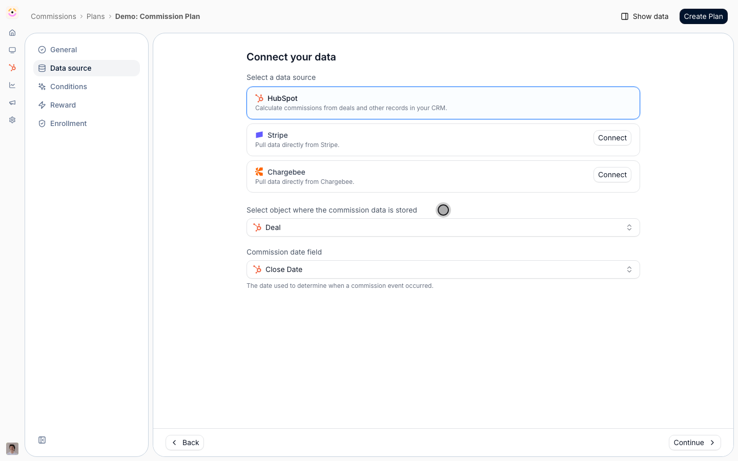 Choose the record type the plan watches and the date that decides when a commission was earned.