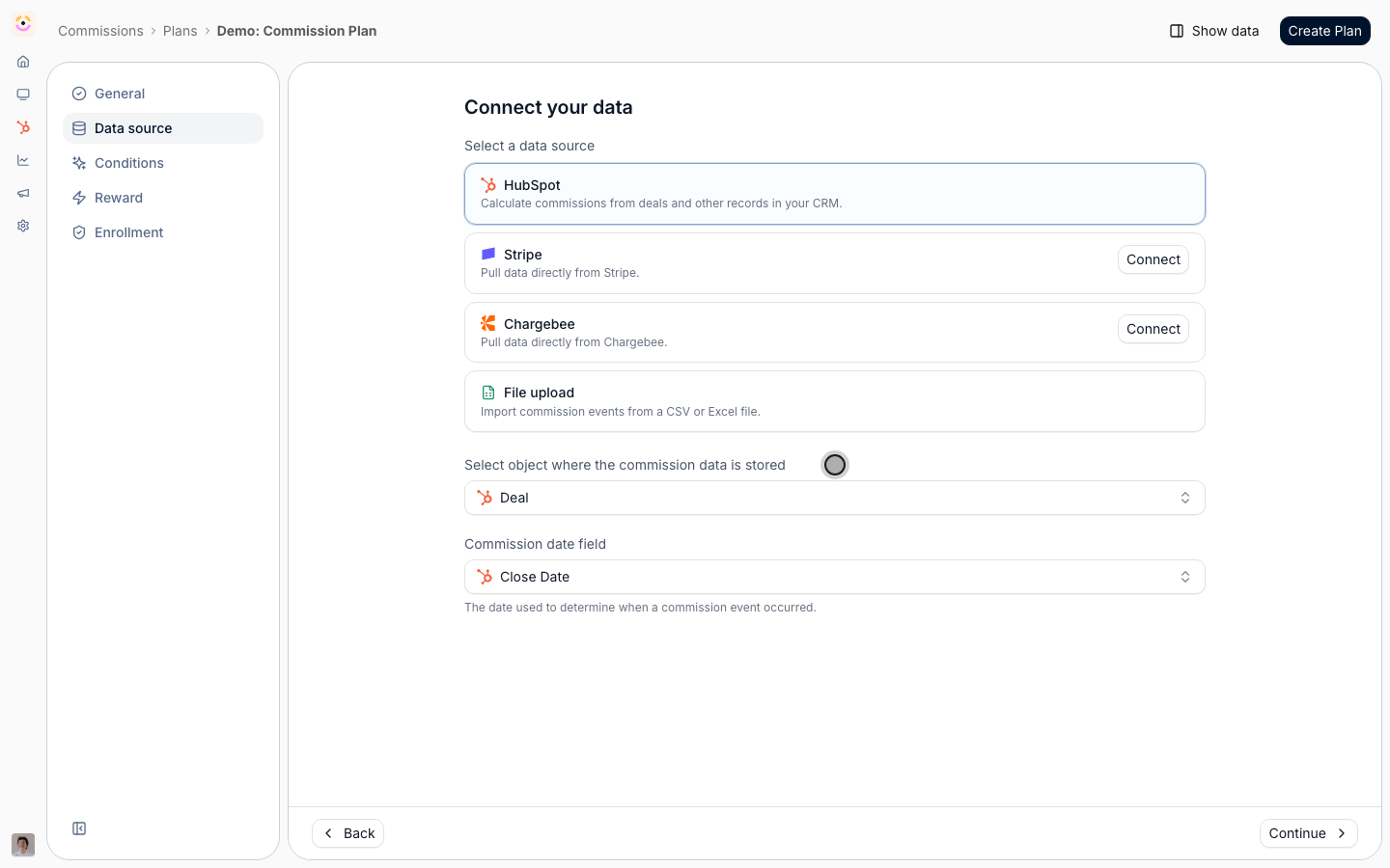 Choose the record type the plan watches and the date that decides when a commission was earned.