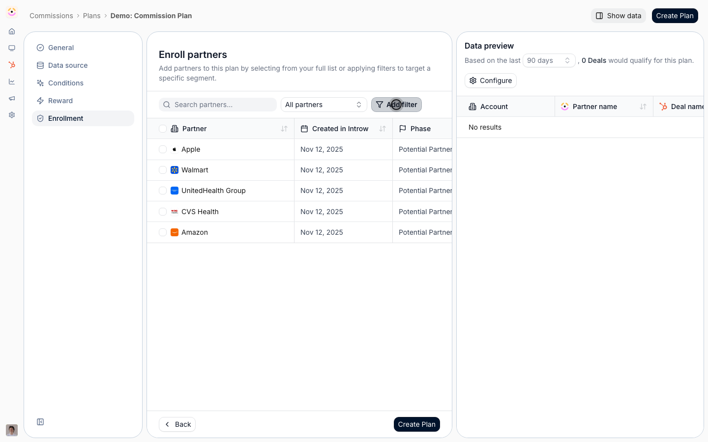 Enroll partners directly, filter by Phase, Tier, Experience, or Manager, or pick a whole segment.