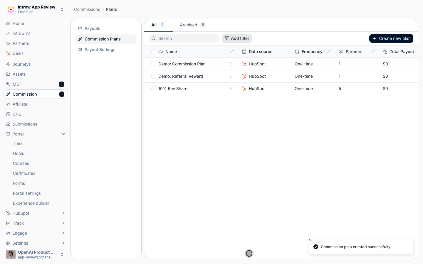 Create Plan launches it: each enrolled partner's commission lines are then calculated automatically.