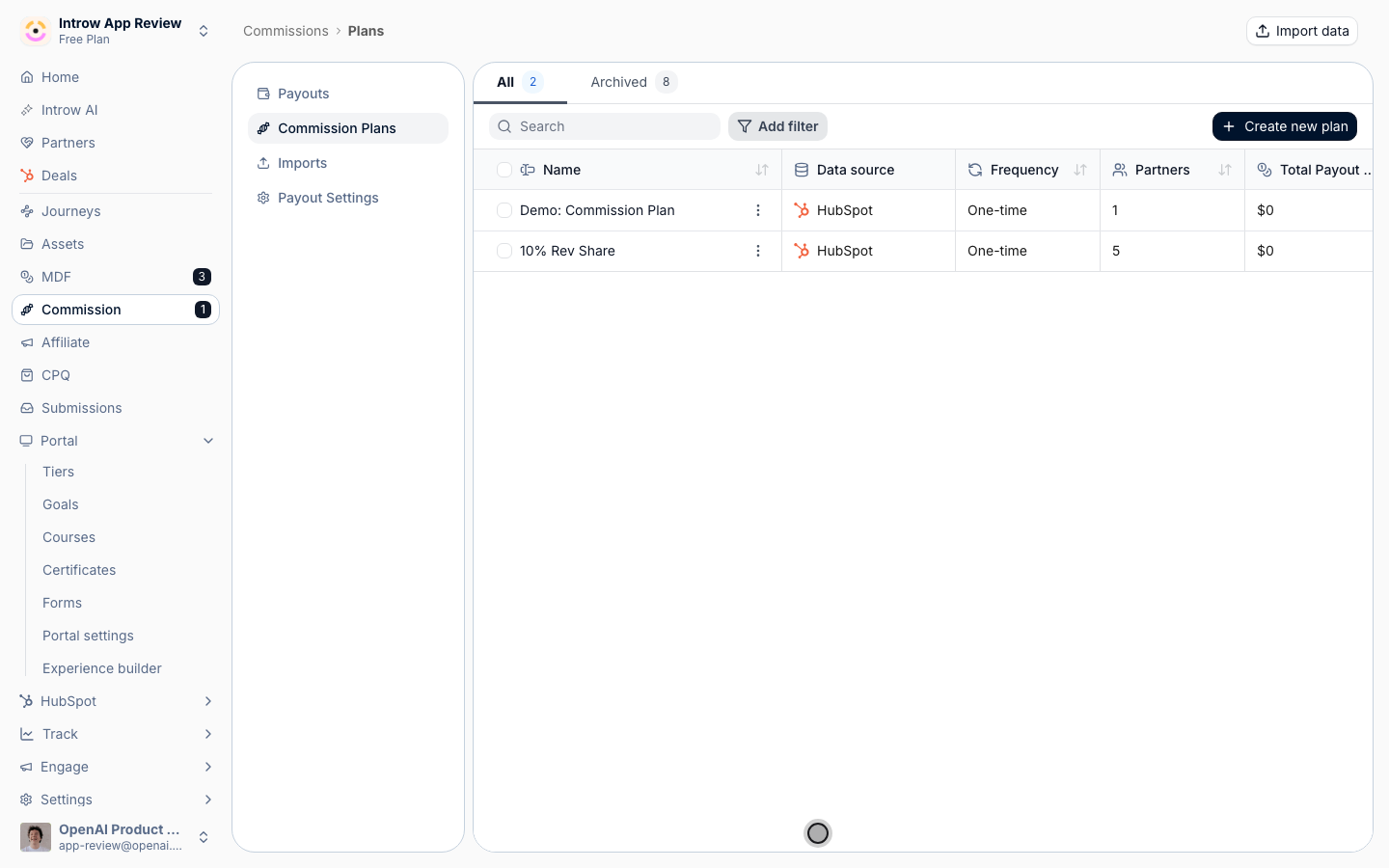 Create Plan launches it: each enrolled partner's commission lines are then calculated automatically.