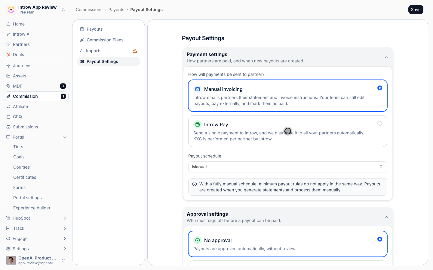 Introw Pay: you send one payment to Introw, and Introw distributes it to every partner with verification done per partner.