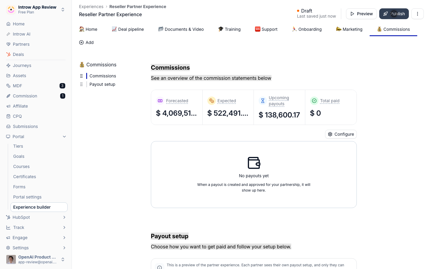 Commission and Payout setup on their own tab of the experience.