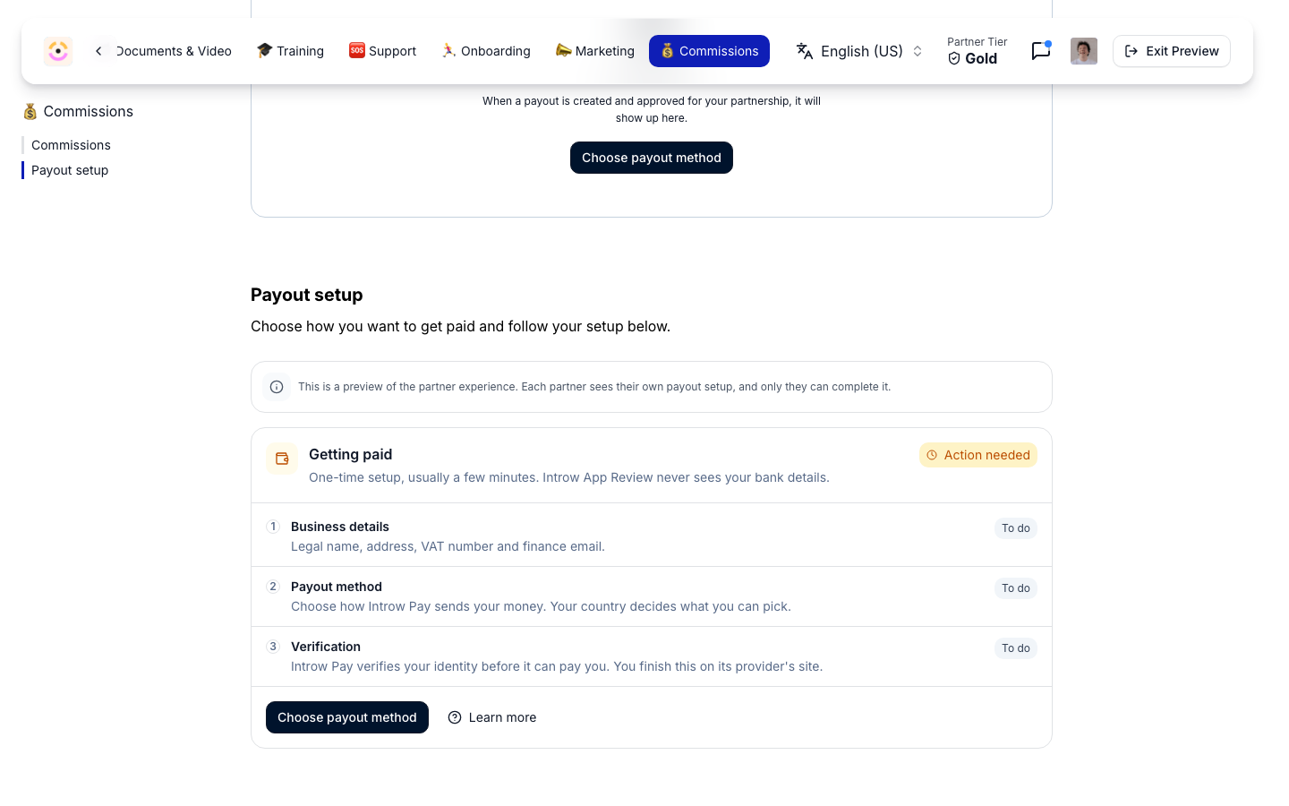 Payout setup shows the partner a Getting paid card with Business details, Payout method and Verification.
