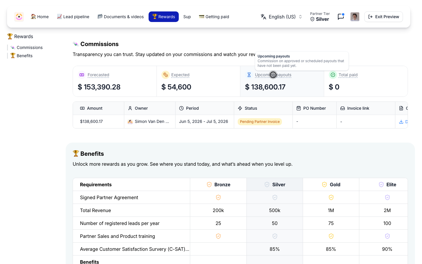 The partner's portal as previewed from your side: the Commissions section with Forecasted, Expected, Upcoming payouts and Total paid, and the payout waiting at Pending Partner Invoice.