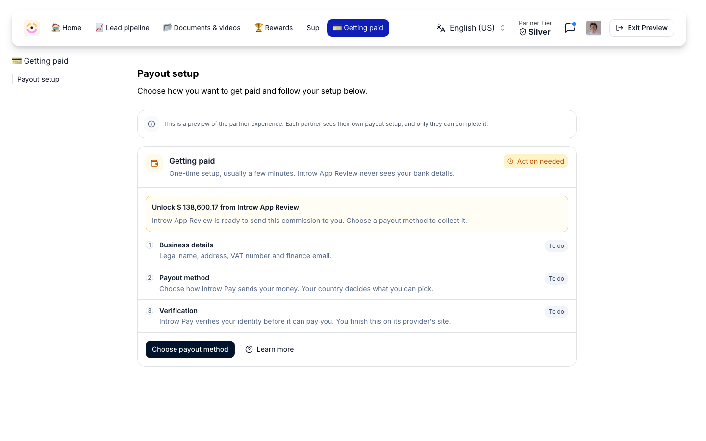 The Payout setup section: a Getting paid card with Business details, Payout method and Verification, each To do.