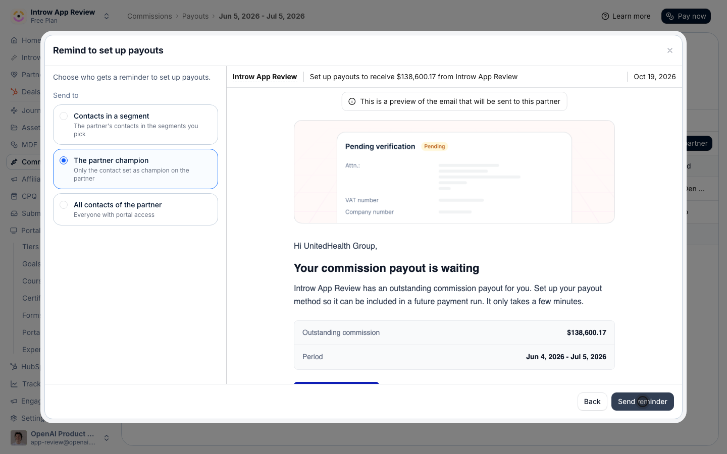 The Remind to set up payouts dialog: the partner champion as recipient, the once-per-day note, and a preview of the Set up payouts email with the outstanding commission and period.