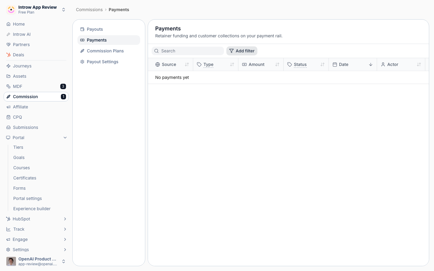 The Payments tab of the Commission area, where every consolidated invoice and every partner payment on Introw Pay lands with its source, type, amount, status, date and actor.