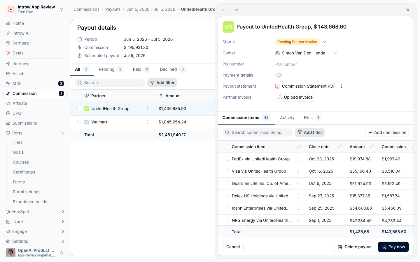 A partner's payout opened from the batch, with the Payment details row reading Not connected: the partner has not linked a bank account, so Introw Pay cannot pay them yet.