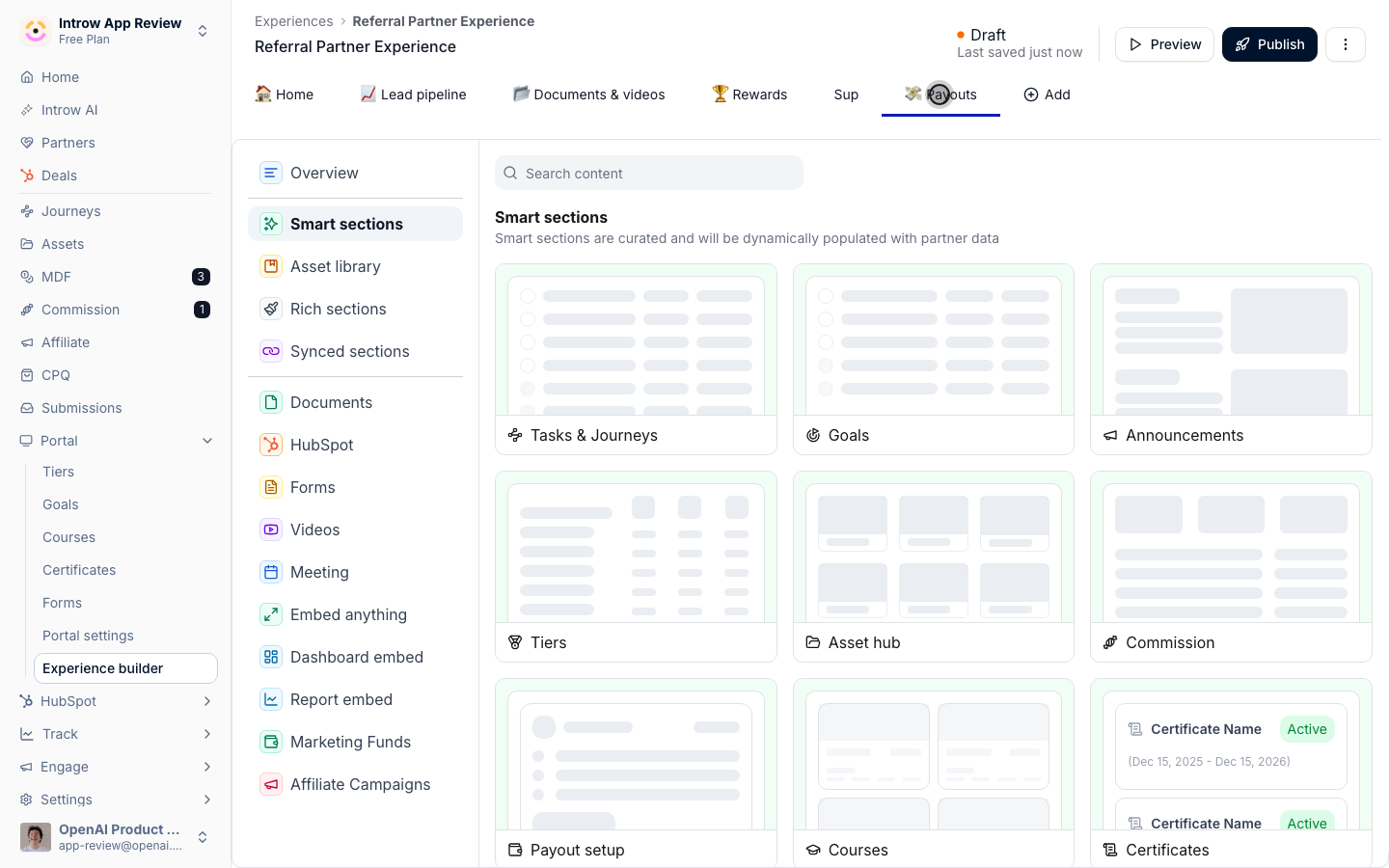 The Smart sections list in the experience builder, with Commission and Payout setup among the sections that fill themselves with each partner's data.
