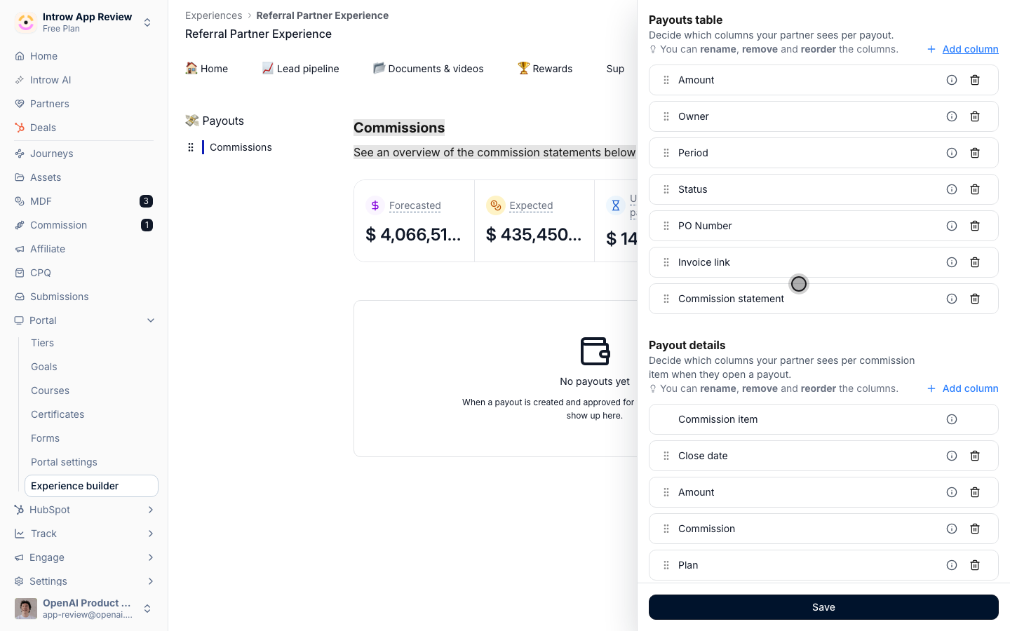 The Configure panel on the Commission section: the Payouts table list with seven columns, and the Payout details list with Commission item first.